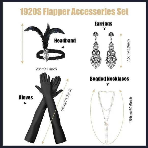 Women 1920s Flapper Set with Headband Beaded Necklaces Earrings Gloves for Vinta - Picture 2 of 7